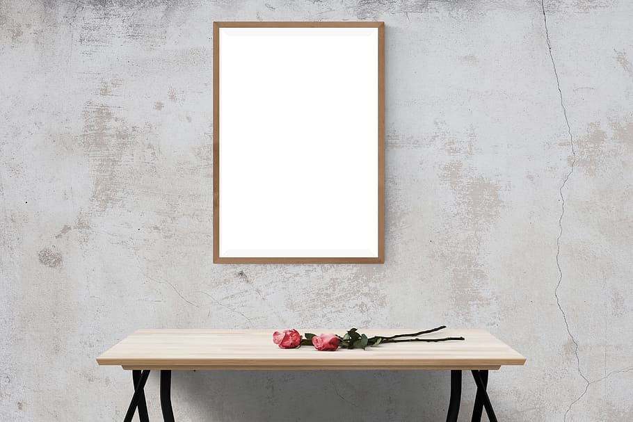 red, rose, wooden, table, poster, mockup, wall, template, presentation, desk