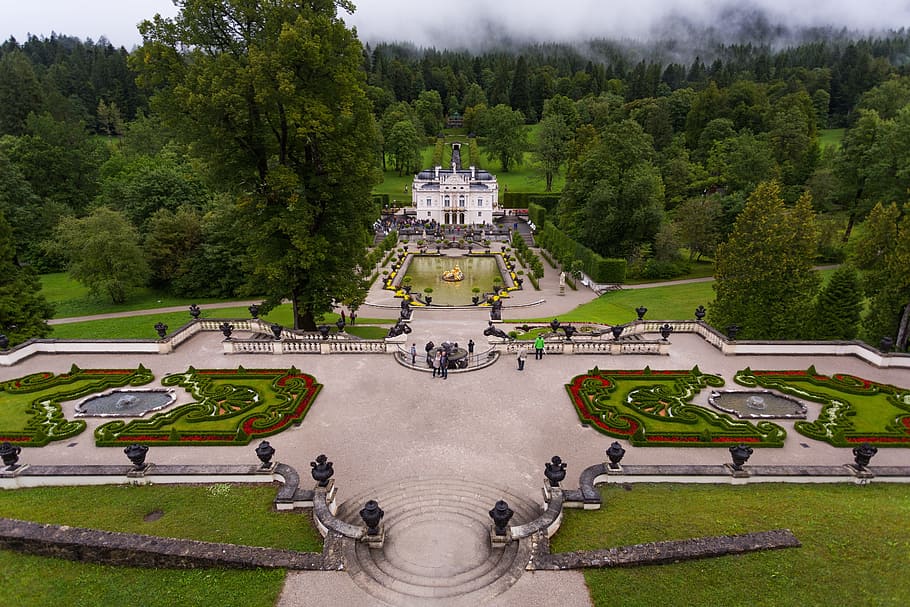 linderhof palace, ludwig, linderhof, palace, eropa, arsitektur, taman, historis, pohon, tanaman