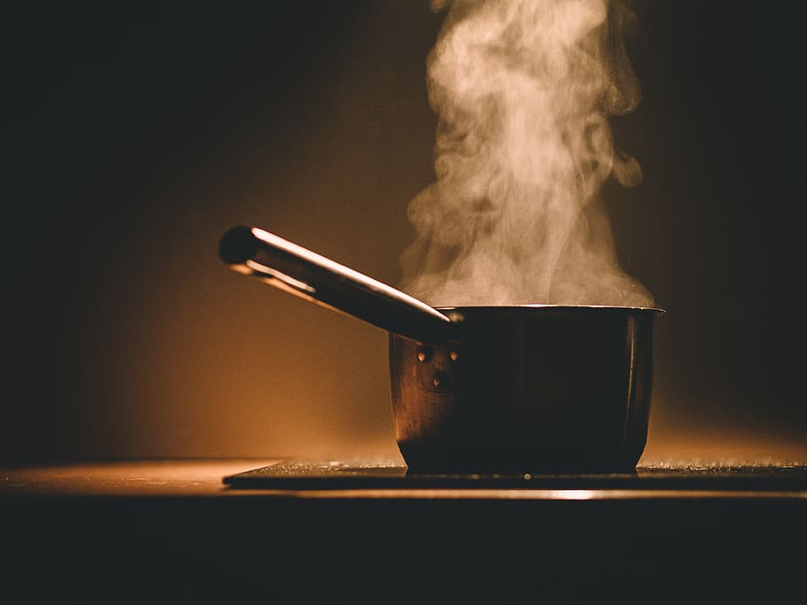 preto, panela, mesa, vapor, quente, cozinhar, cozinha, fogão, calor - temperatura, fumaça - estrutura física