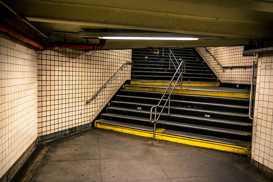 yellow, black, metro station stair, city, dirty, ny, park, station, subway, travel