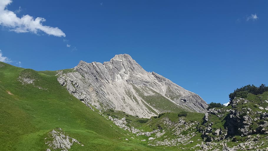montaña, cubierto, verde, hierba, azul, fotografía de paisaje de cielo, cabeza de castor, valle de lech, alpino, bergtour