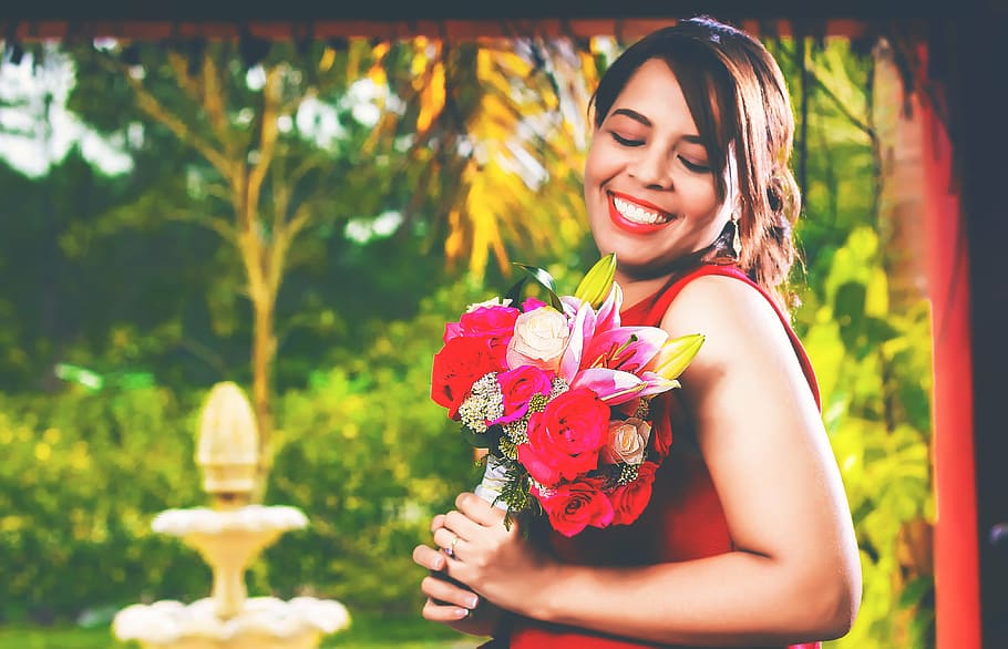 woman, smiling, holding, flowers, wedding, colonial zone, santo domingo, love, grooms, marriage