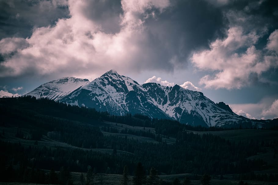 snow-capped mountain, gray, clouds, rocky mountains, mountain, landscape, scenic, peak, snow, forest