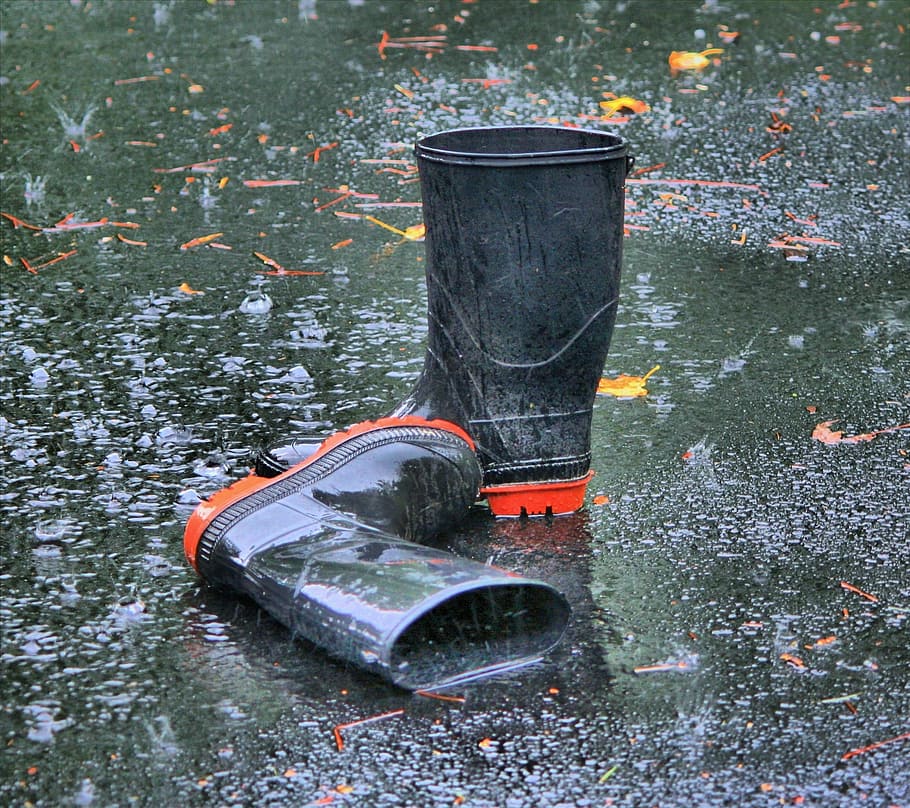 foto, preto, botas de chuva, botas, borracha, galochas, limícolas, calçados, molhado, chuvoso
