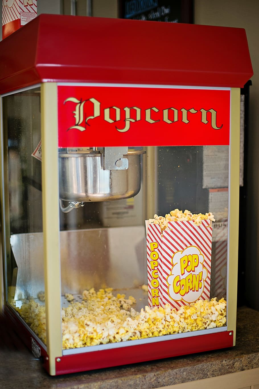 pembuat popcorn, diisi, mesin popcorn, kuno, popcorn, pembuat, mesin, tua, merah, bioskop