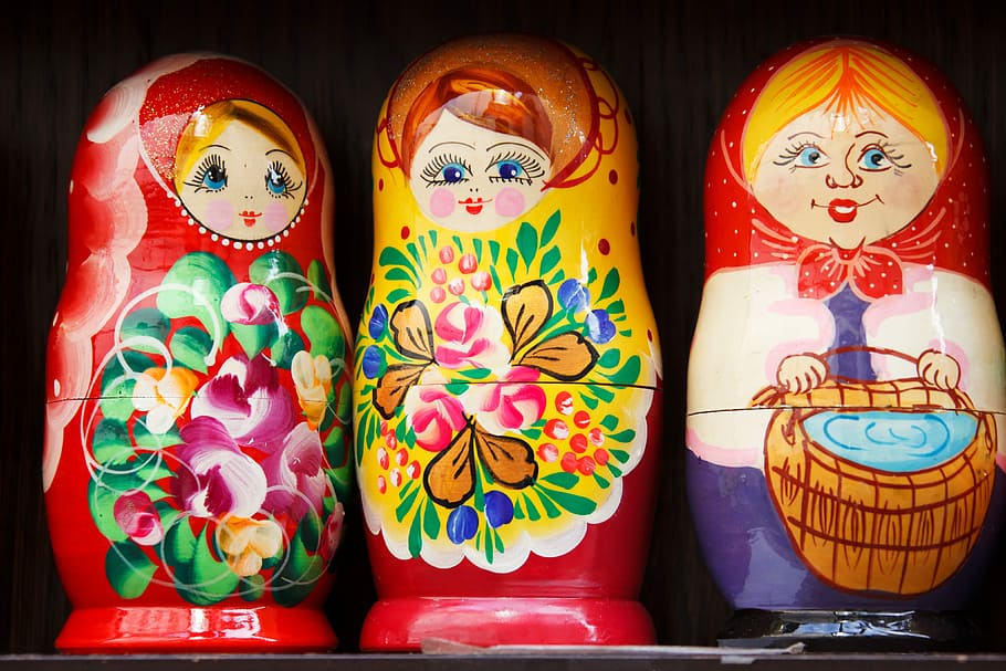 three, assorted-color, nesting, dolls, Babushka, Colorful, Decoration, Doll, face, figure