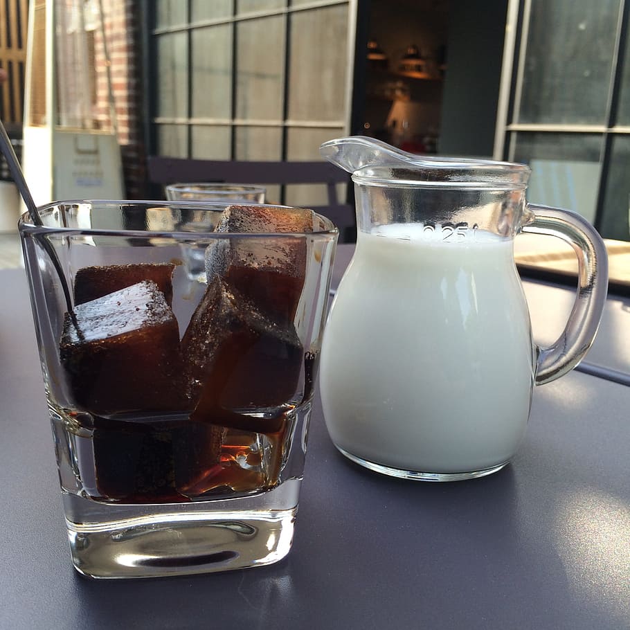 clear, glass pitcher, filled, milk, coffee, afternoon, ice, drink, food and drink, refreshment