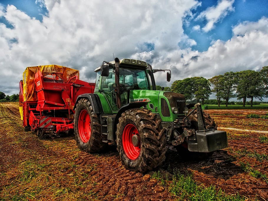 green, tractor, red, yellow, farm trailer, grain mixer, rural, denmark, farm, country