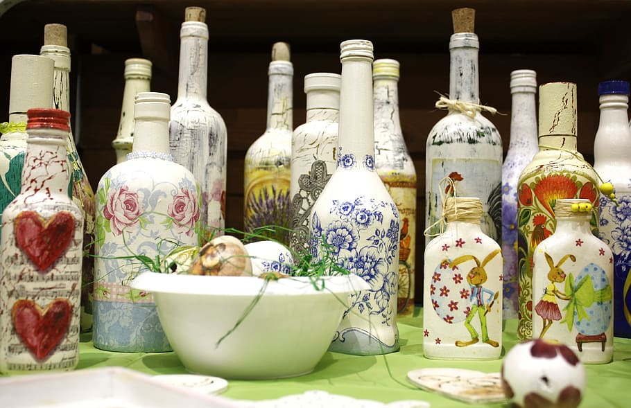 ceramic, bottles, green, wooden, table, wooden table, the bottle, collection, colored, painting
