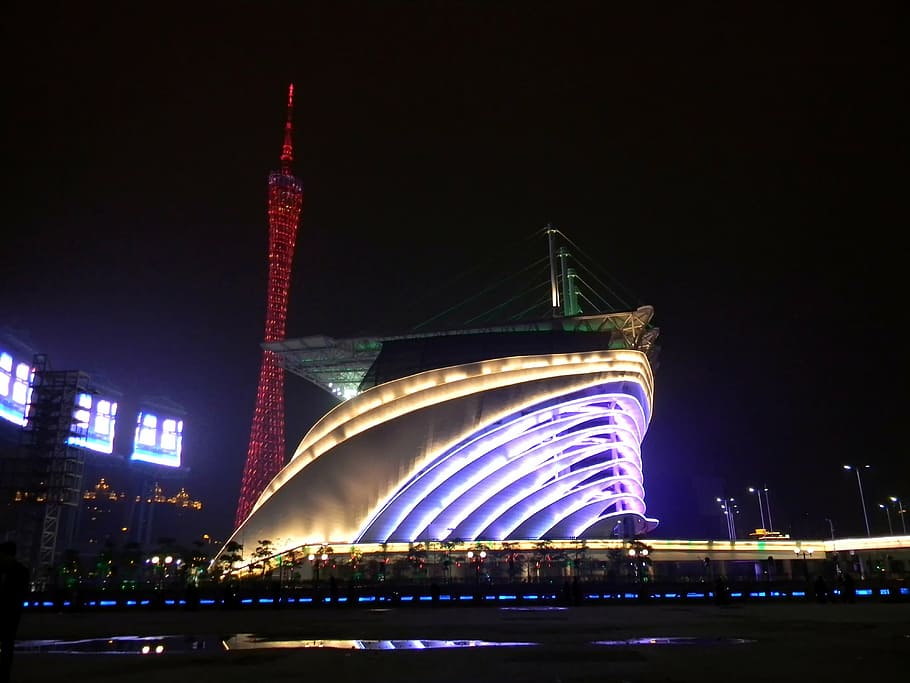 brown, purple, concrete, building, guangzhou, china, opera house, night, evening, light
