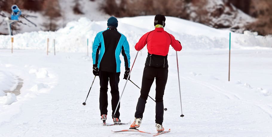 pakaian ski merah, ski lintas-alam, musim dingin, salju, olahraga, putih, jejak, jalur salju, tongkat, olahraga musim dingin