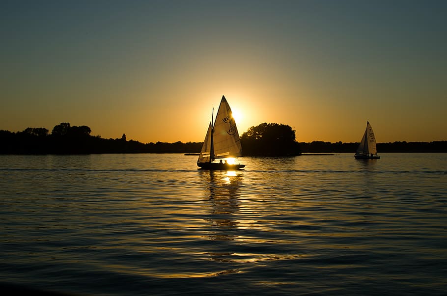two, sailboats, island, golden, hour, brown, sailing, boat, body, water