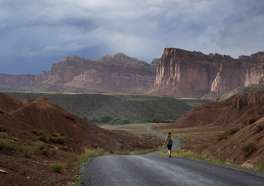 man, running, road, mountain, daytime, jogger, landscape, scenic, cliffs, clouds