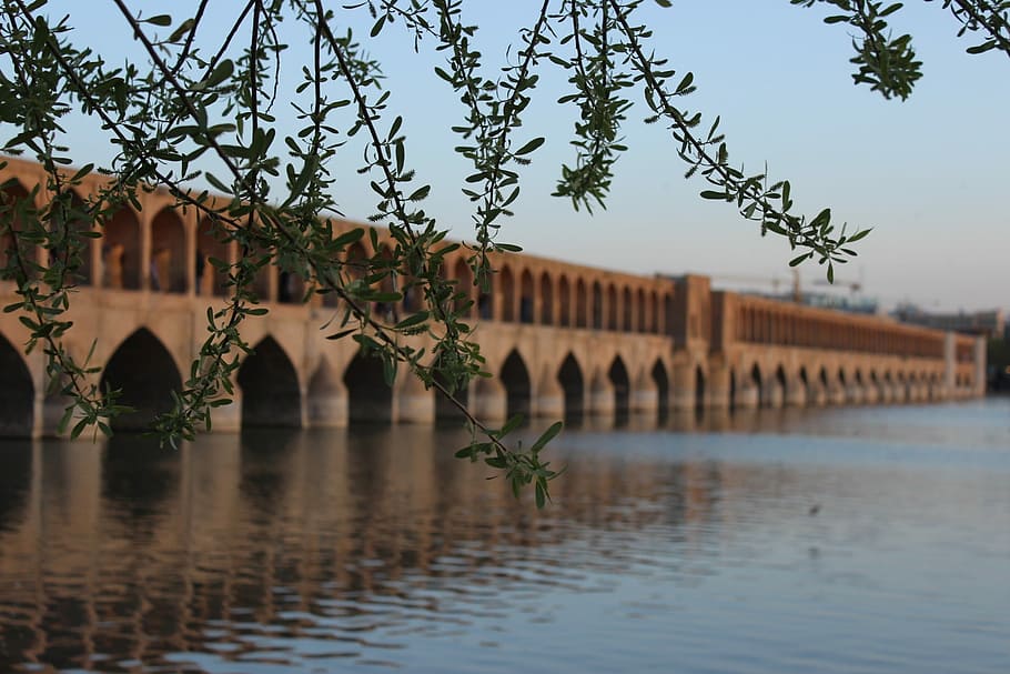 wide, angle photo, brown, concrete, Shiraz, Bridge, Persia, Iran, river, water