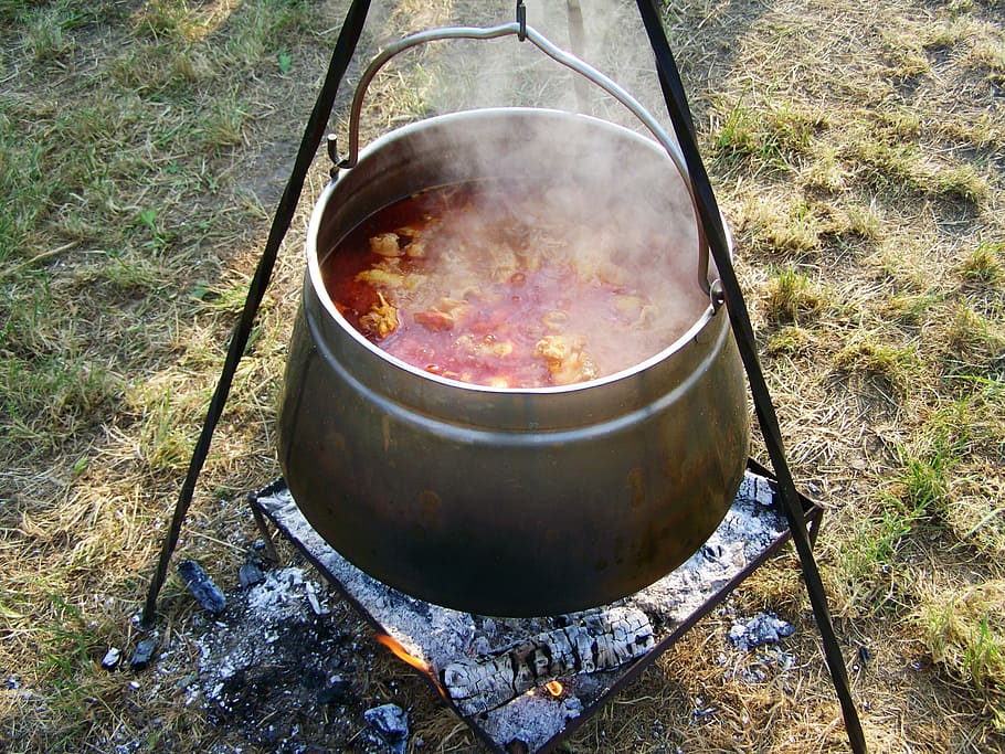 kettle goulash, food, cooking  fire, kitchen utensil, heat - temperature, preparation, food and drink, household equipment, nature, high angle view