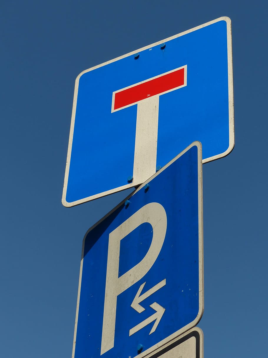 shield, traffic sign, street sign, rules of the road, dead end, park, park zone, rule, sign, blue