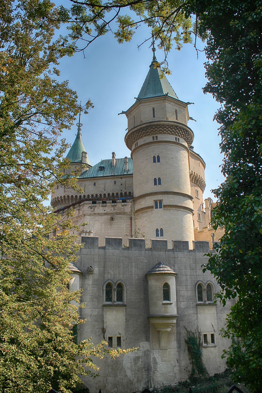 bojnice castle, slovakia, lock, building exterior, architecture, built structure, tree, plant, building, low angle view