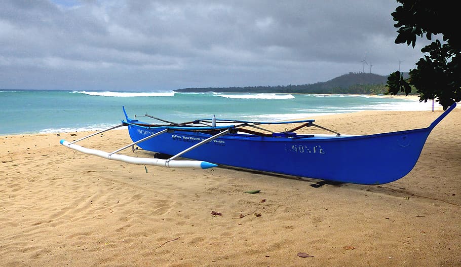 Azul, Banca, Filipinas, madera, barco, orilla, al lado, mar, durante el día, playa