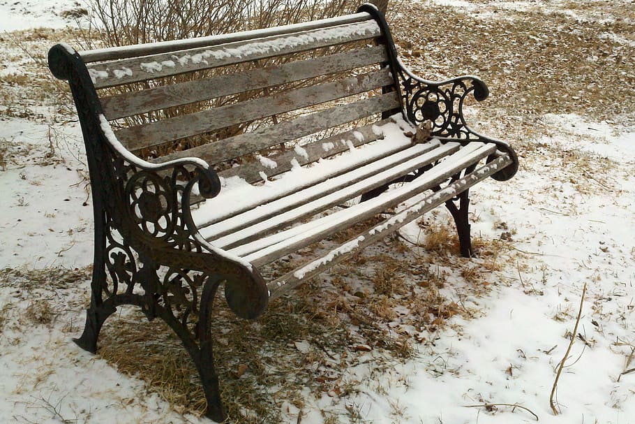 bangku, taman, salju, musim dingin, besi cor, kayu, kursi, dingin, sunyi, kesepian