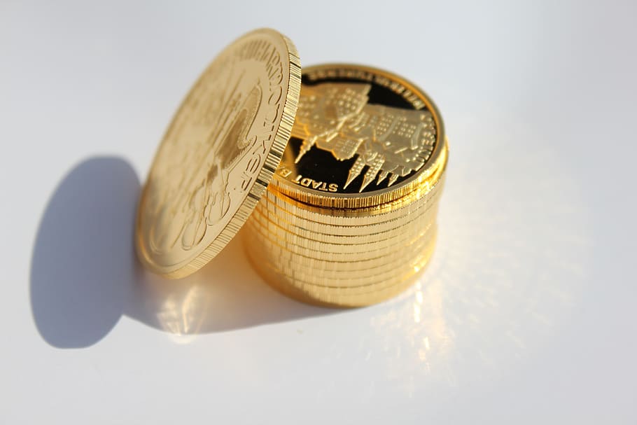 stack, round gold-colored coins, gold coin, metal, money, gold, coin, indoors, business, finance
