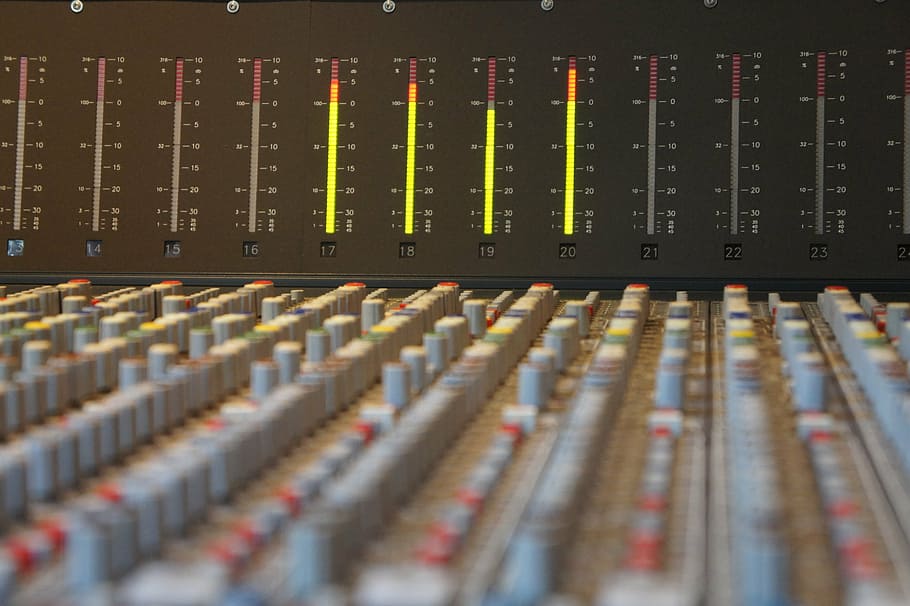 gray audio mixer, sound studo, mixing, console, desk, mixer, sound, equalizer, recording, recording studio