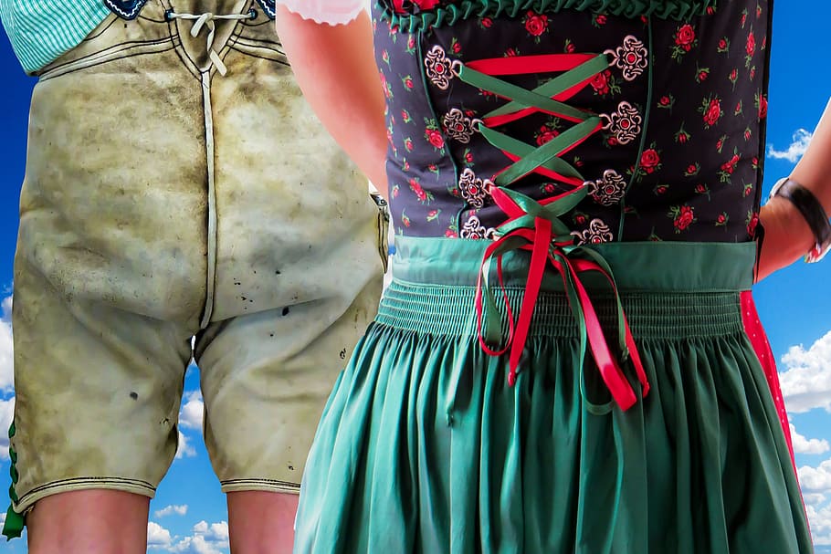 person, wearing, green, multicolored, lace-up dress, Costume, Dirndl, Leather, Pants, leather pants