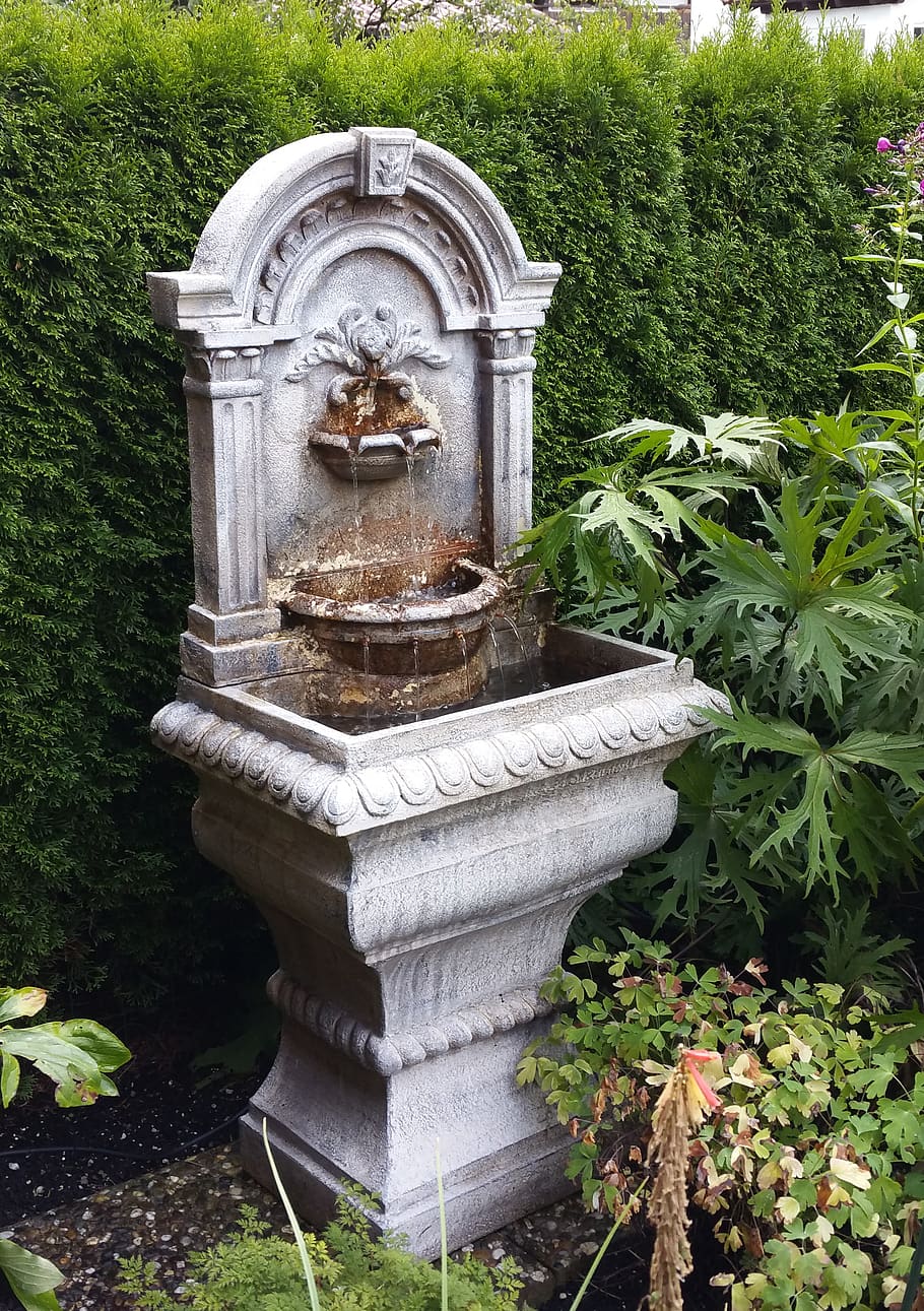 decorative fountains, water feature, garden decoration, plant, nature, fountain, day, art and craft, growth, sculpture