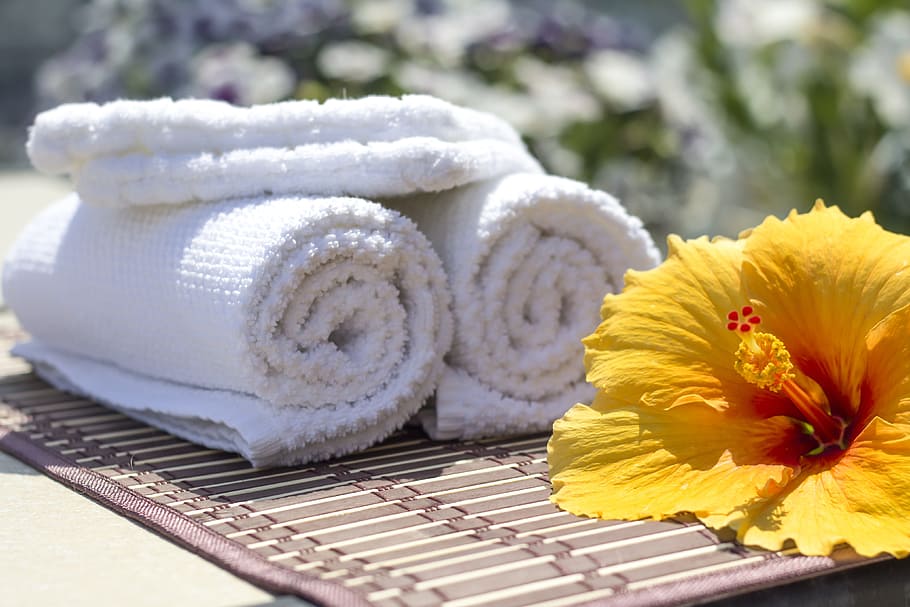 three, white, towels, yellow, flower, towel, hibiscus, clean, care, salon