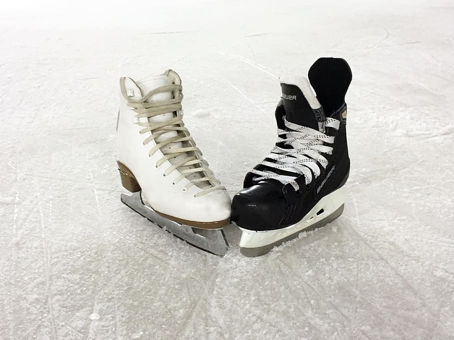 pair, black, white, ice, skate, shoes, snow, ice skating, romance, figure skate
