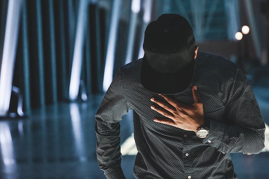 people, man, guy, alone, indoor, fashion, black, cap, clothing, watch