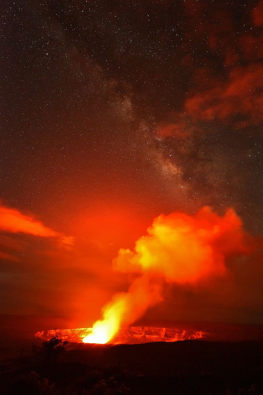 fire, smoke, starry sky, night time, volcano, lava, flowing, eruption, landscape, active