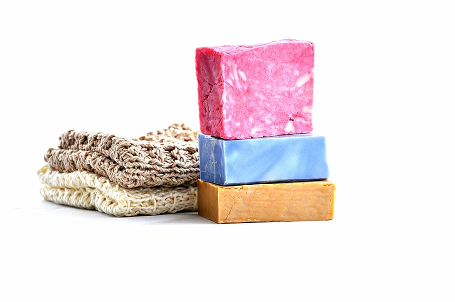 two, knitted, textiles, wooden, bars, handmade, soap, cold process, craft, natural