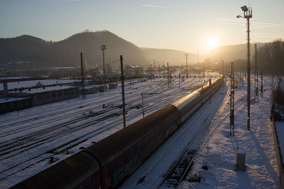 kereta api, matahari terbenam, musim dingin, di malam hari, kesedihan, ingatan, rentang waktu, perjalanan, suhu dingin, salju