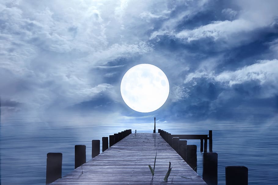 sea dock, facing, ocean, full, moon, good night, full moon, moonlight, night, mood