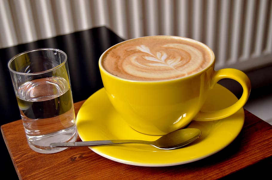 cappuccino, filled, yellow, teacup, saucer, coffee, capuccino, drink, hot, cup