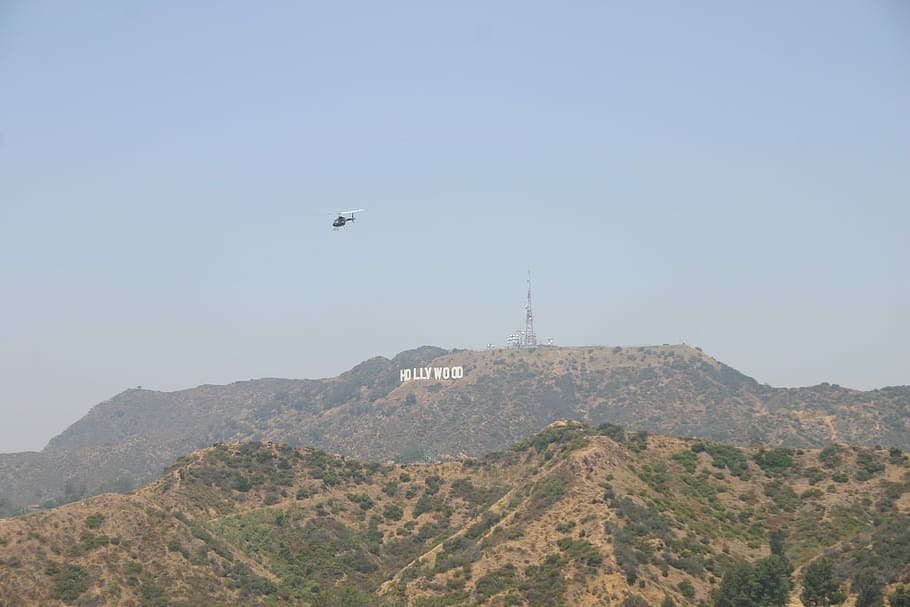ハリウッド, カリフォルニア, アメリカ, ハリウッドサイン, ロサンゼルス, ヘリコプター, 旅行, 森, 山, 空