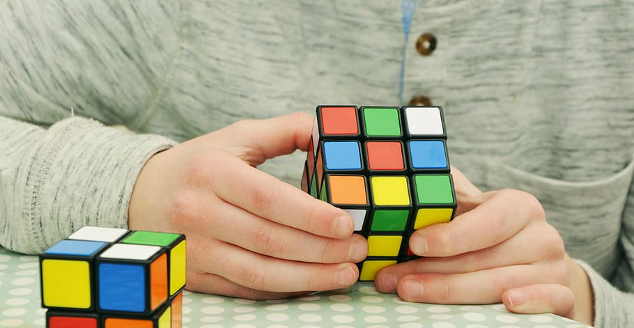person, holding, 3, cube, magic cube, patience, tricky, hobby, skill, play