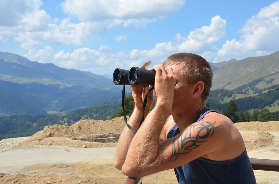 Binoculars, Journey, Dahl, Man, guy, nature, landscape, sky, summer, mountains