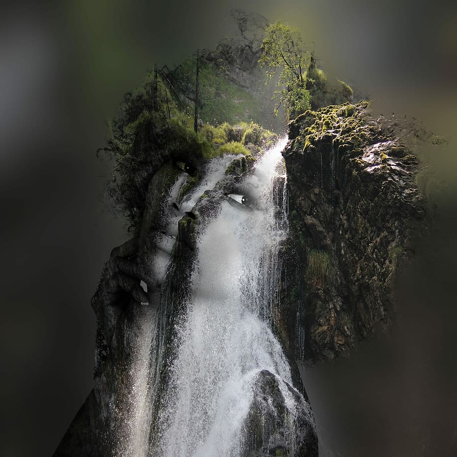 waterfalls, human, face photography, waterfall, waters, autumn, river, movement, double exposure, beauty in nature