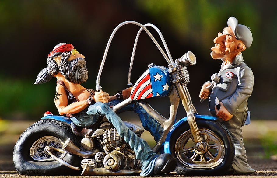 two, man, motorcycle scale models, biker, mechanic, bike, tattooed, america, cool, casual