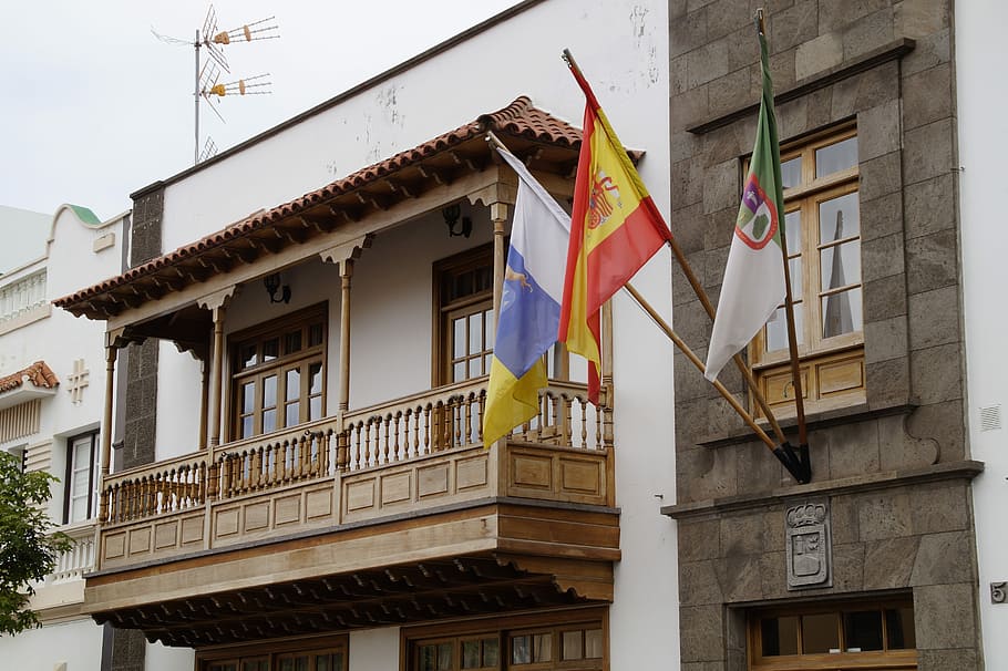 Wood, Balcony, Town Hall, Tenerife, wood balcony, canary islands, architectural style, flags, blow, flag