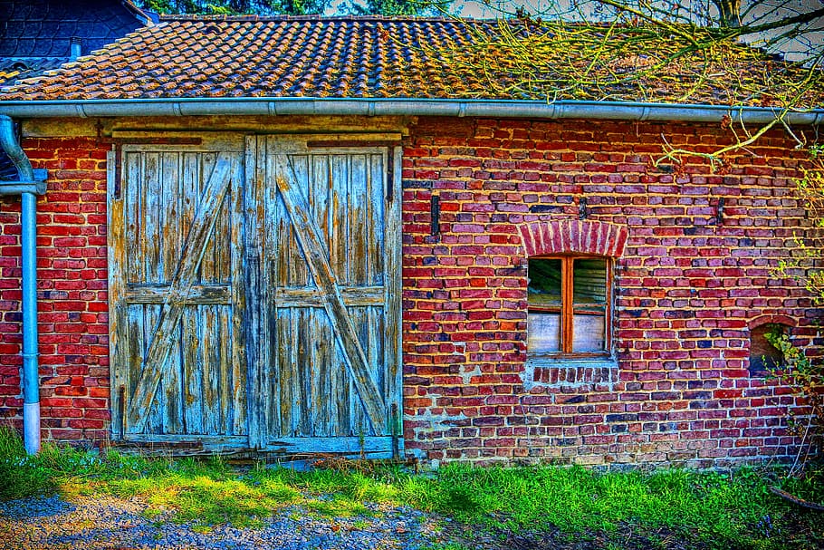 Ladrillos, Color, Escala, Colorido, hermoso, iridiscente, viejo, puerta de madera, rural, hof