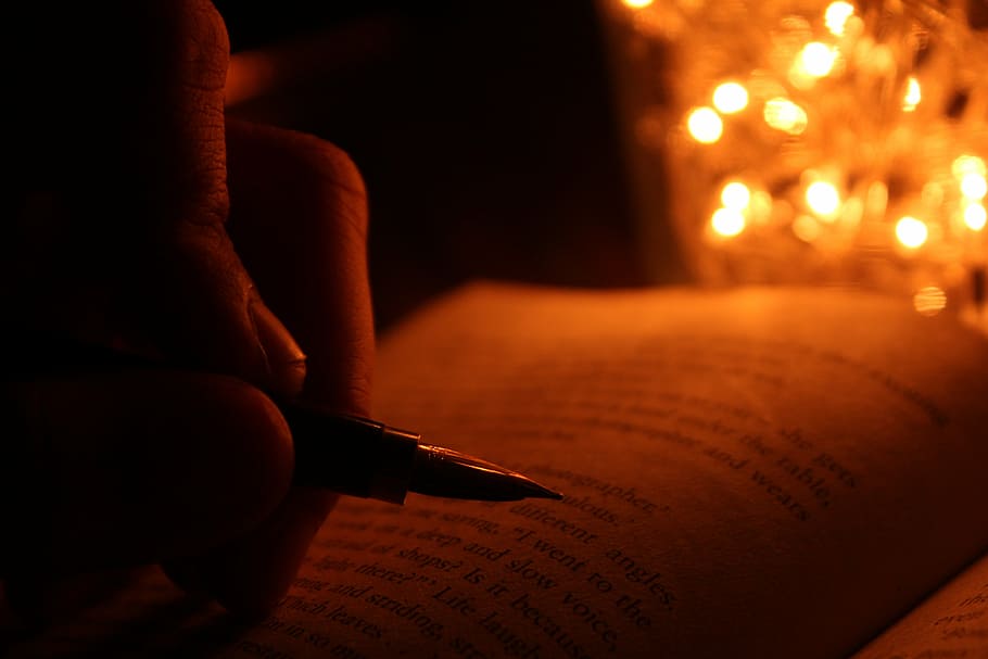 person, holding, black, silver fountain pen, books, ink, light, golden, reader, wisdom