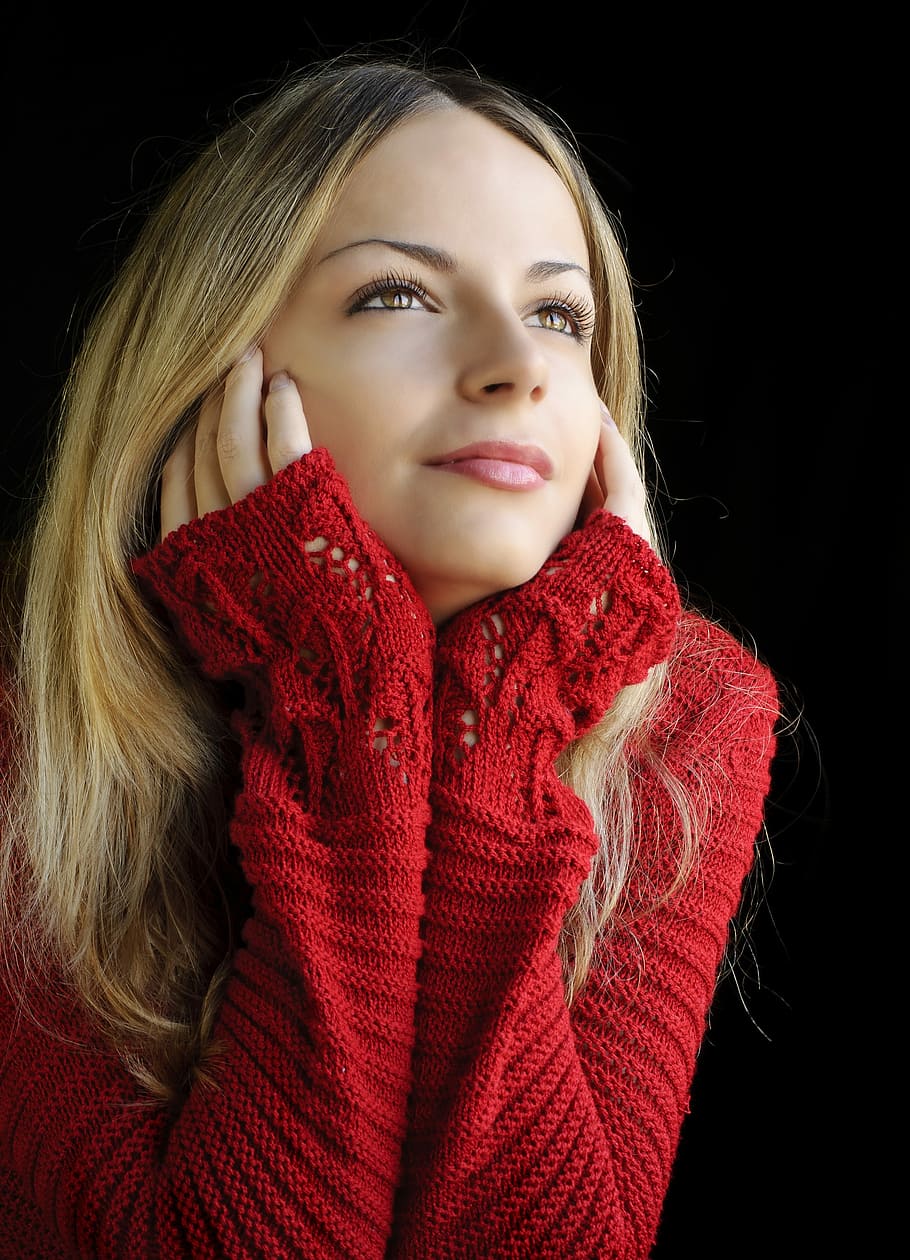 selective, focus photography, woman, red, knitted, sweater, fashion, winter, portrait, young