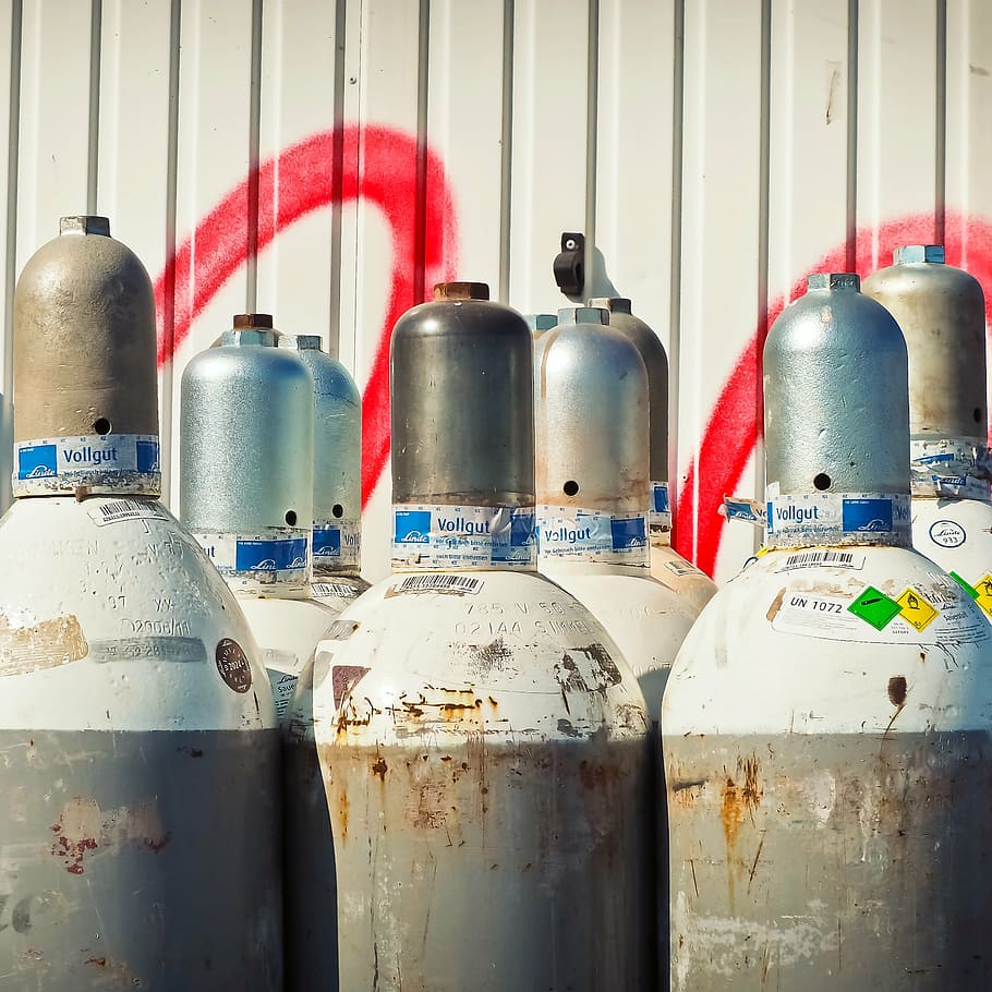 gray propane tanks, gas, gas bottle, propane, liquefied petroleum gas, oxygen, explosive, explosion danger, explosion, pressure