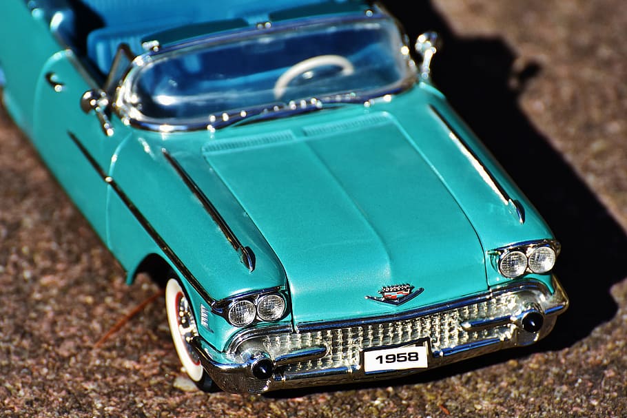 Cadillac, Model Car, Vehicle, 1958, blue, classic, old-fashioned, green color, high angle view, front view
