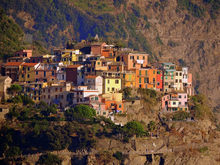 houses near mountain, houses, mountain, corniglia, colors, cinque terre, colorful, liguria, italy, colourful houses