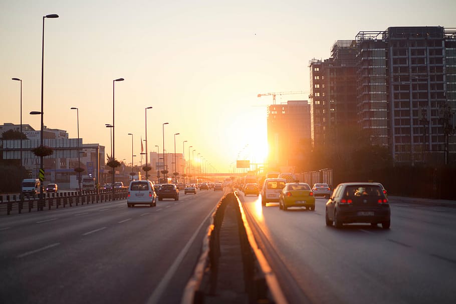 cars, running, highway, golden, hour, gray, road, daytime, car, vehicle
