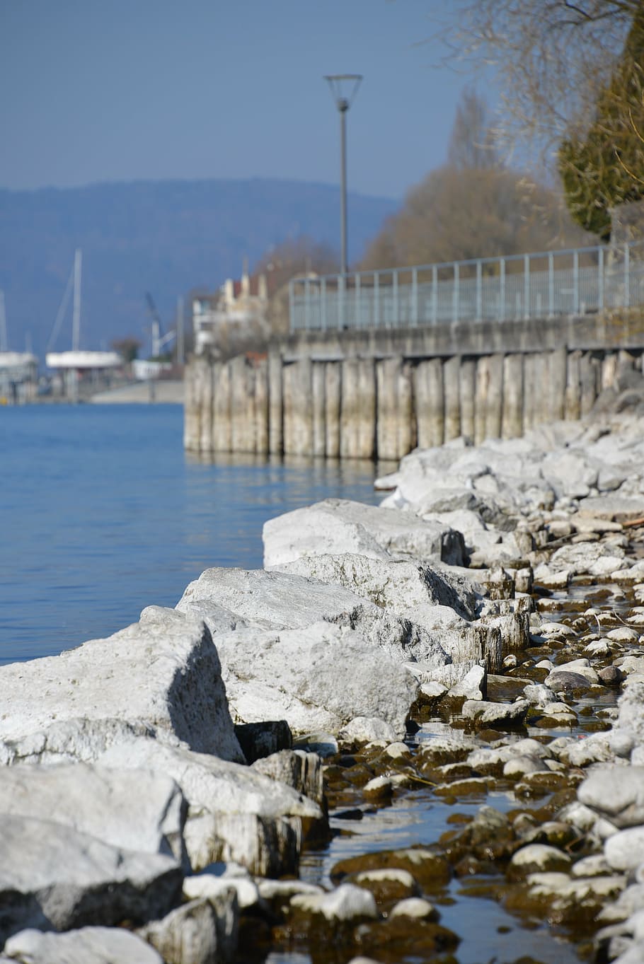 lake constance, water, beach, stones, architecture, built structure, nature, day, building exterior, winter