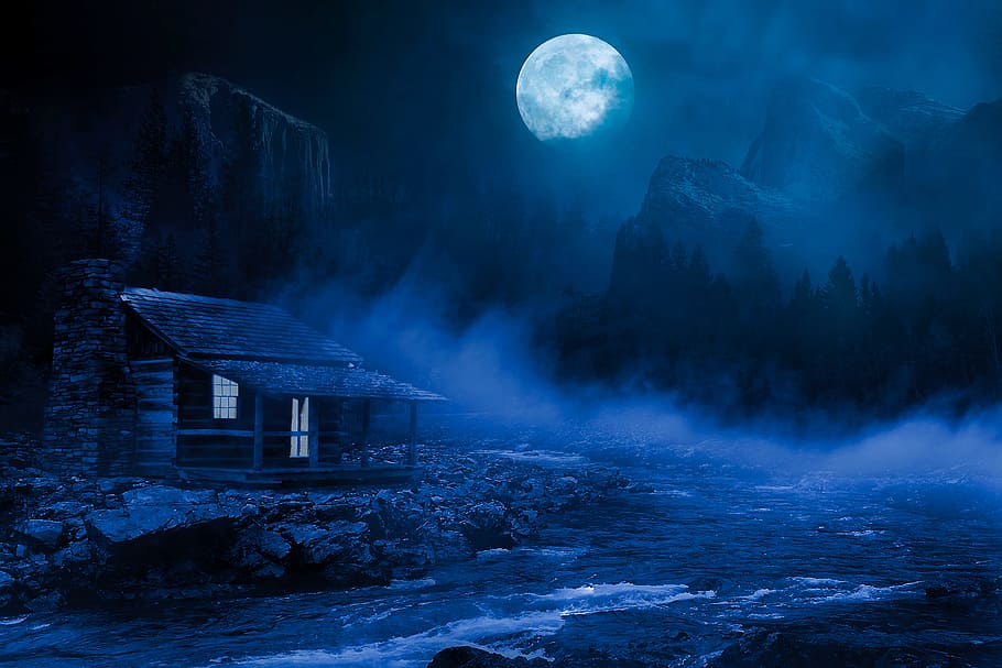 casa, luna, noche, buenas noches, hogar, iluminado, niebla, río, cielo, naturaleza